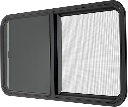 42" W x 22" H RV Window Horizontal Sliding, DOT Certified - Shatterproof Tempered Tinted Glass, with Net Screen and Trim Ring, Teardrop Replacement Trailer Camper Window