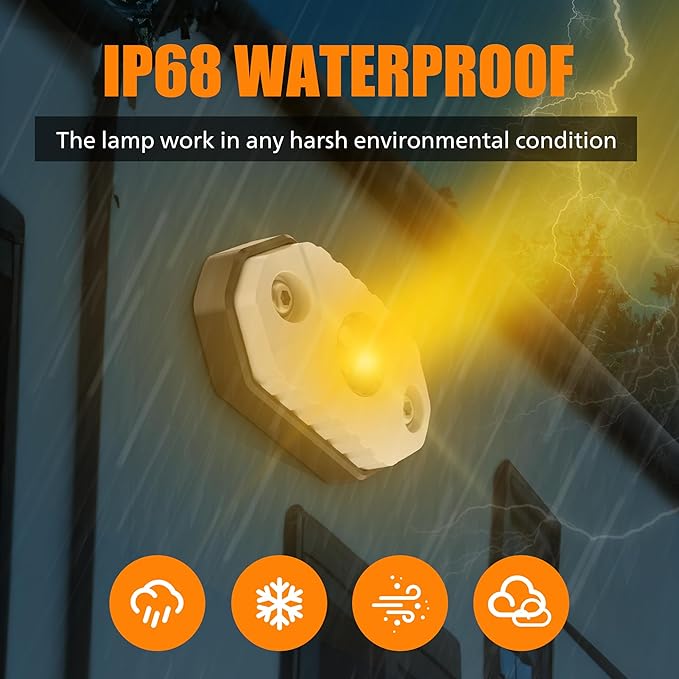RV Lights Exterior White/Amber LED Aluminum Porch Light 12V IP68 Waterproof Campers Awning Lamp Replacement Kits for Trailers Truck Motorhome Travel Vehicles 4 PCS