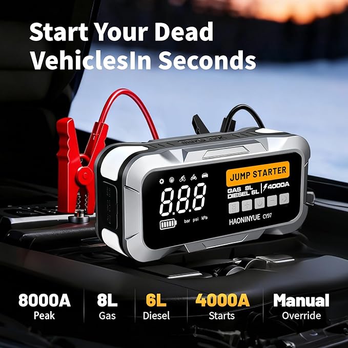 4000A Car Jump Starter with Air Compressor, 12000mAh&150PSI Portable Car Battery Jump Starter, 12V Jump Box Battery Pack (8L Gas 6L Diesel Engine) with Boost, LEDLight and Jumper Cables