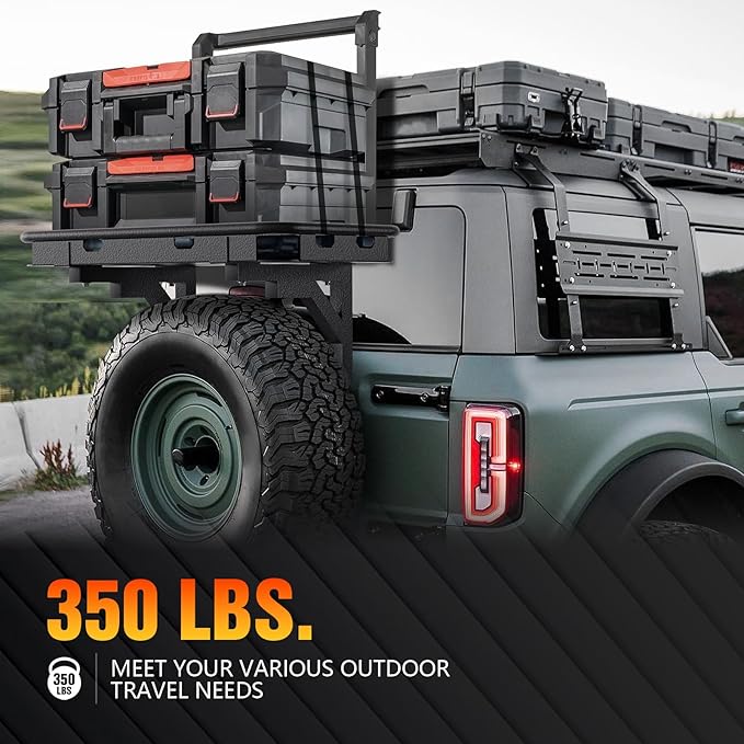 for Bronco Spare Tire Cargo Rack Rear Luggage Basket on OE Tailgate Compatible with 2021 2022 2023 2024 Ford Bronco 2/4 Doors, Cargo Carrier Storage Back Holder Stand Exterior Shelf Tray