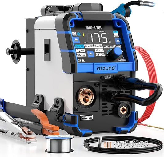 AZZUNO Aluminum MIG Welder 175Amp, 110V/220V Dual Vlotage 5 in 1 Gas MAG/Aluminum MIG/Gasless Flux Core Welder/Stick/Lift TIG Welding Machine, Wire Feed Welder Machine with Semi-enclosed Structure