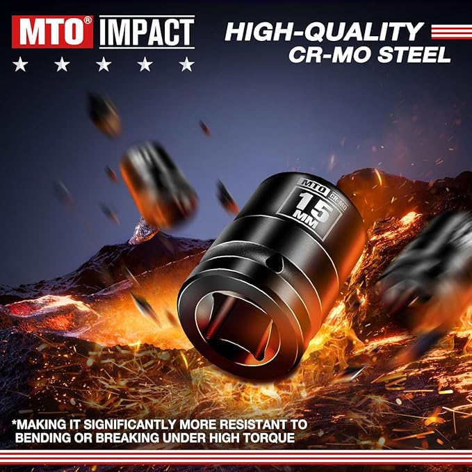 MTO 1/2" Drive 15mm Shallow Impact Socket, 6-Point Metric Socket, CR-MO Steel & Anti-Corrosion Coating for Tight Spaces and Heavy-Duty Tasks
