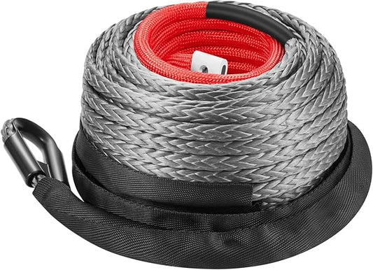 3/8 Inch x 80 Feet Synthetic Winch Rope, 24000Lbs Synthetic Winch Line Cable Rope with Protective Sleeve for Off Road Vehicle SUV Gray