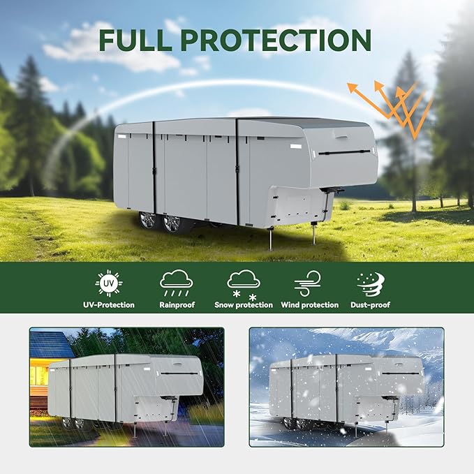 RVGUARD 5th Wheel RV Cover, Camper Cover for 33' - 37' RV, 6 Layers Anti-UV Windproof Waterproof Fifth Wheel Cover, with Storage Bag and Straps, Grey