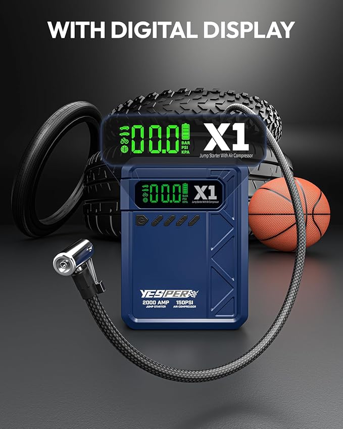 YESPER Jump Starter with Air Compressor 2000A 150PSI Battery Jumper Starter Portable(8L Gas/6L Diesel), 12V Car Jump Pack Battery Charger Jump Box with Jumper Cables, LCD Display, Lights(Blue)