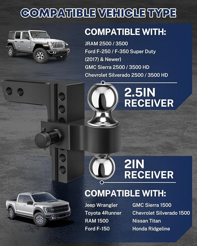 Kohree Adjustable Trailer Hitch with 3 Replaceable Balls for 2" & 2.5" Receiver, 6" Drop/Rise, 12,500 lbs GTW Heavy Duty Aluminum Hitch Kit with Lock, Fits Trucks, SUVs, RVs, Class III & IV Vehicles