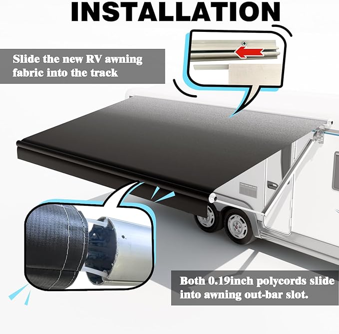 RV Awning Fabric Replacement,Camper Trailer Motorized Awning Replacement for Motorhome,Heavy Duty Weatherproof 18.5oz Outdoor Vinyl RV Canopy 15'(Fabric 14'2") Black Fade