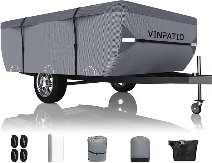 VINPATIO Pop Up Camper Cover: Folding Camper Tent Trailer Cover Fits 16'-18' Trailers, Waterproof & Anti-UV Pop-up Camper Cover with Windproof Straps