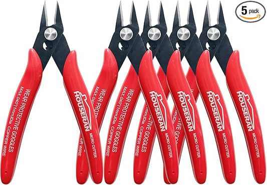 Small Wire Cutters, 5 PACK, 5 Inch Micro 170 Flush Cutter, HOUSERAN Wire Cutters Spring Loaded Cutting Pliers, Side Cutters, Diagoanl Cutters for Jewelry Making, Models, Zip Ties Plastic Wire Snips
