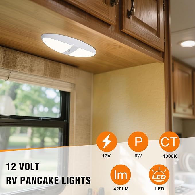 Facon 2-Pack 12V DC RV Ceiling Dome Light with On/Off Switch - 4000K Cool White, Large Oval Pancake RV Puck Light for RVs, Motorhomes, Campers & Boats, ETL Listed