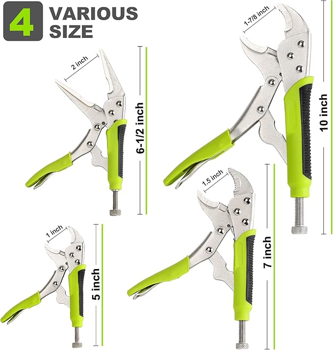 FASTPRO 4-Piece Locking Pliers Set with Heavy Duty Grip, 5", 7" and 10" Curved Jaw, 6-1/2" Long Nose Locking Pliers Included, Vise Grip Wrench Set, Green