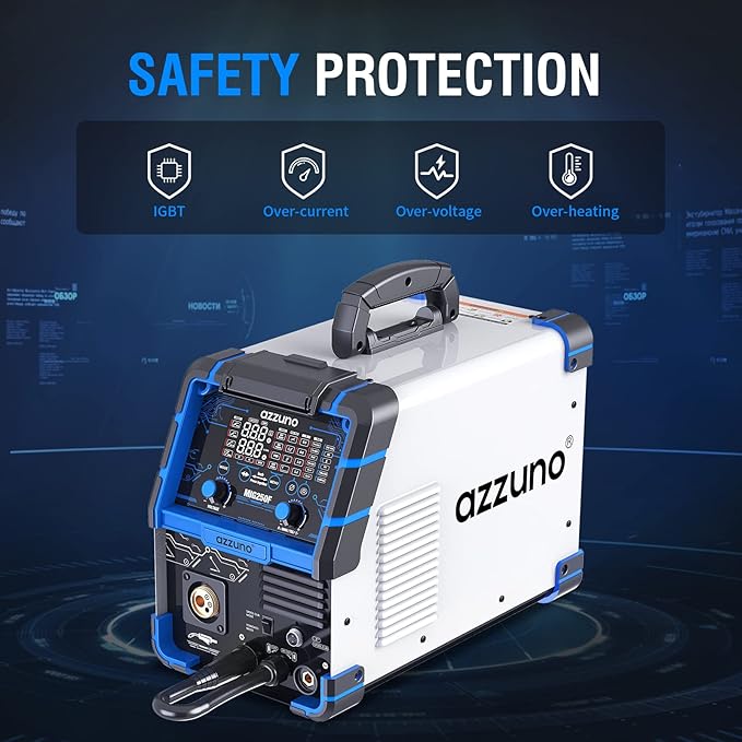 AZZUNO Aluminum 250Amp MIG Welder,6 in 1 Gas MIG/Gasless Flux Core/Stick/Lift TIG/Spot Welding/Spool Gun Compatible Welding Machine 110V/220V Large LED Display Multi Process Welder