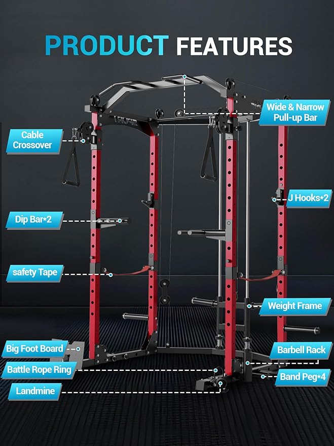 Power Cage, Multi-Functional Power Racks for Home Gym with Cable System, 1600LBS Weight Capacity Fitness Reality Squat Rack for Strength Workout with More Training Attachment,Black