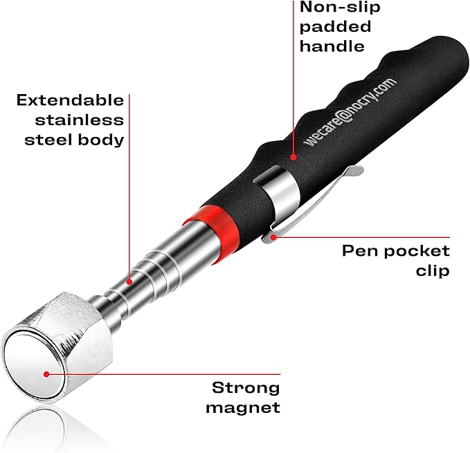 NoCry Telescoping Magnetic Pickup Tool with an Extra Strong 25lb Pull Force — Stainless Steel Magnet Stick Extendable up to 30in; Non-Slip Rubber Handle; Rust Proof and Corrosion Resistant