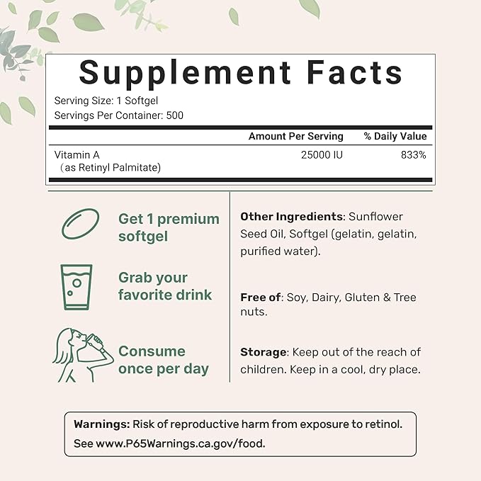 Micro Ingredients Maximum Strength Vitamin A 25000 IU | 500 Softgels with Coconut Oil for Better Absorption | Essential Vitamins for Vision, Growth, & Reproduction | Non-GMO, Easy to Swallow