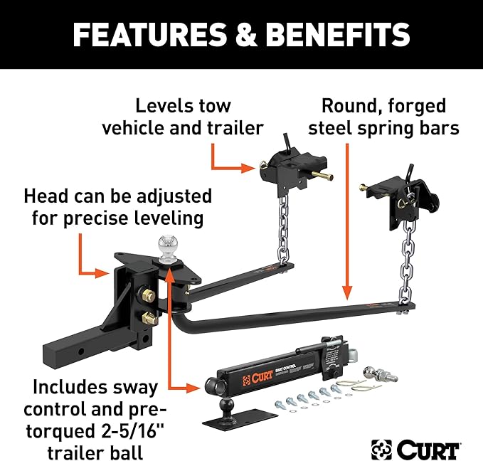 CURT 17062 Round Bar Weight Distribution Hitch with Integrated Lubrication and Sway Control, Up to 10K, 2-in Shank, 2-5/16-Inch Ball