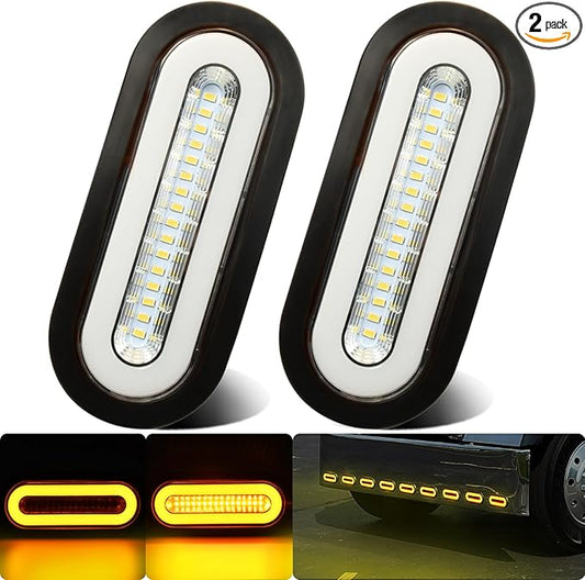 2Pcs 6" inch Clear Lens Oval Amber 52 LEDs Trailer Boat Halo Parking Turn Signal Tail Lights【Patented】 w/Rubber Grommet, Sealed Submersible IP67 for Truck/RV/Van, DC 12V