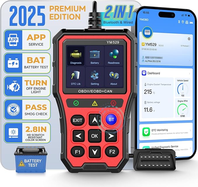 Bluetooth OBD2 Scanner with Battery Tester & Monitoring & Life Test - Support Checking Car Diagnostic Information on iPhone & Android, 2.8 inch HD Large Color Screen, TPU case Protection, Red