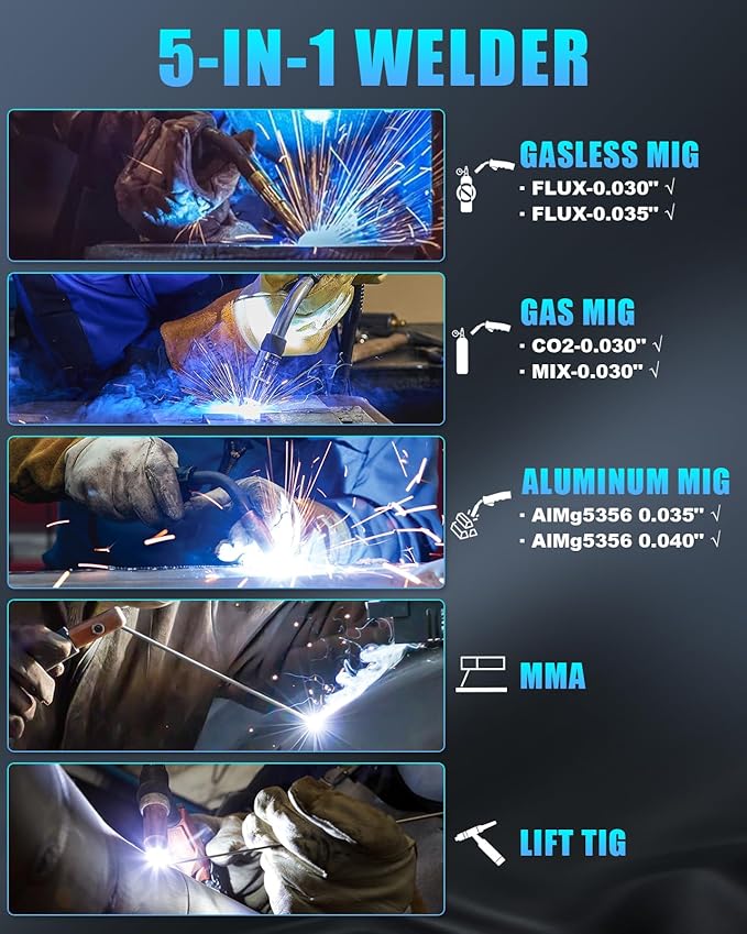 AZZUNO Aluminum 155A MIG Welder 110V/220V, 5-in-1 MIG Welding Machine with Flux Core MIG/Gas MIG/Aluminum MIG/Stick/Lift TIG Welding, Wire Feed Welder Machine