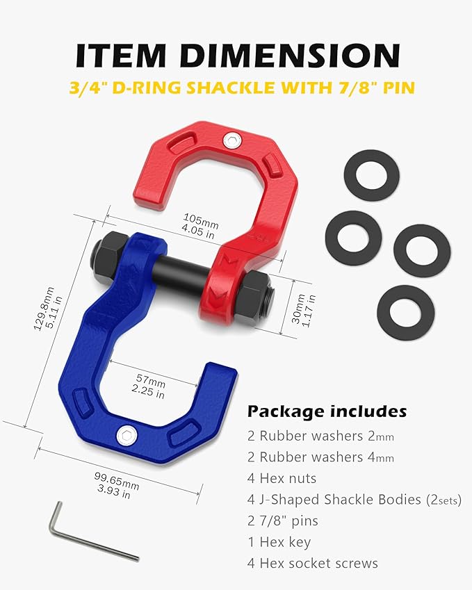 Separate D-Ring Shackles, 2Pack, 3/4" Separate D-Ring Shackles 7/8" Pin, 57320lbs Breaking Strength, Heavy Duty Forged Steel, D-Ring Towing Winch Shackle for Recovery, 4x4 Off-Road, RedBlue