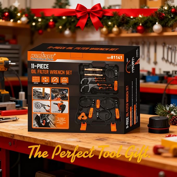 HORUSDY 11-Piece Oil Filter Wrench Set with Storage Case - Swivel Wrenches Fit 2-3/4" to 5-1/4", Adjustable Filter Pliers (9" & 12"), Valve Lapper Set, 3-Jaw Socket, Ratchet Handle for Garage, Repair