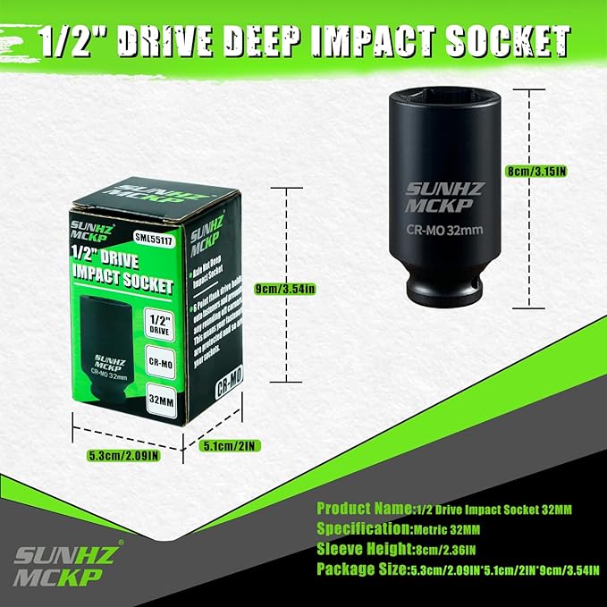 SUNHZ MCKP 32 mm Impact Socket | Metric 1/2 In Drive Axle Nut Socket | 6 Point Design | Deep Well Hub | Chrome Molybdenum Steel | Axle Shaft Nut Remover