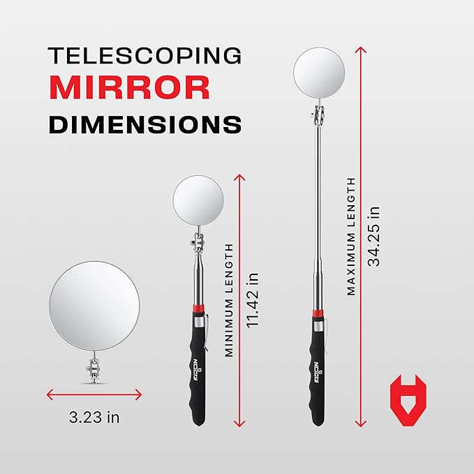 NoCry Heavy Duty Telescoping Inspection Mirror — 3.23 Inch Round Mirror on a Stick; 2-in-1 Storage Pouch; Extendable Mirror up to 30in; Non-Slip Handle; 360° Inspection Mirror Telescoping Swivel Head