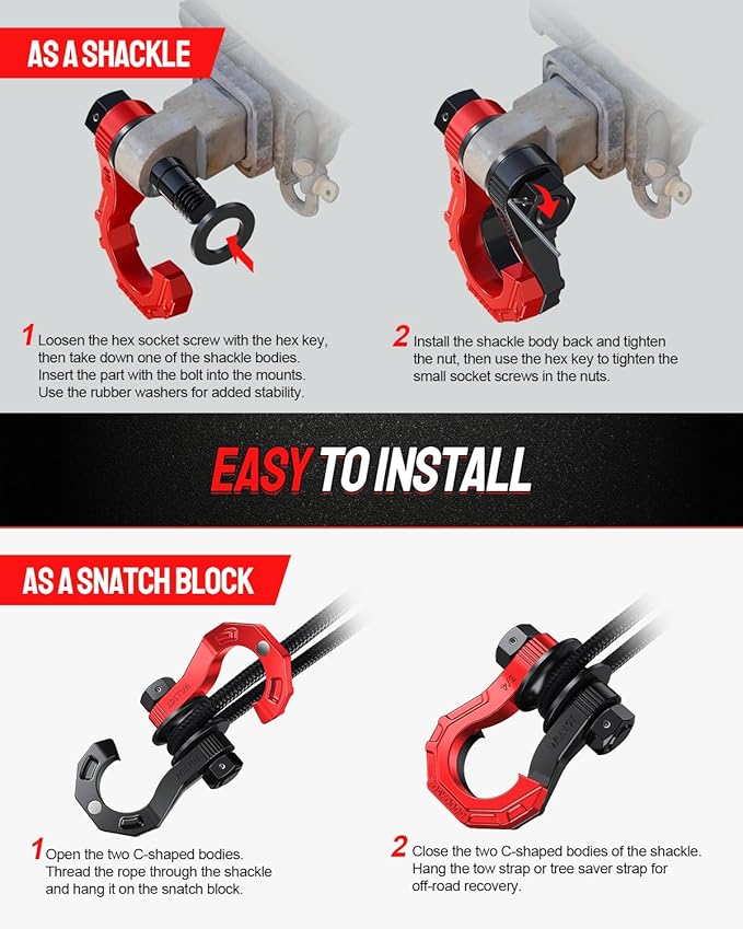 DAYDOOR D Ring Shackles with Snatch Block, 45,000Lbs Break Strength Towing Winch Shackle, 3/4" Heavy Duty Shackles with 7/8" Screw Pin for Off Road Vehicle Recovery (2 Pack,Red)
