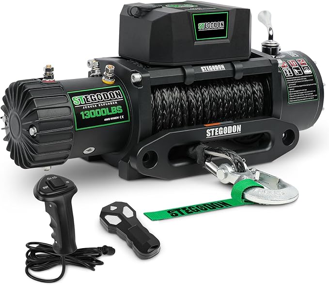 Winch 13000 lb Winch 12V Electric Winch Synthetic Rope Winch Rough Country Winch with Hawse Fairlead,Wired Handle and Corded Control for Jeep Truck SUV