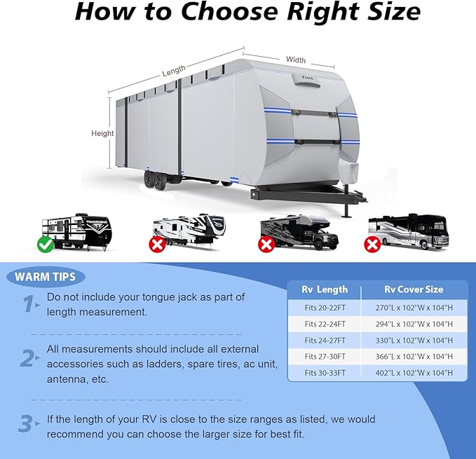 RV Cover 24-27ft, 7 Layers Rip-Stop Travel Trailer RV Cover, Heat & Cold Protection Camper Cover with 4 Zippered Access Panels Design, Carry Bag, Windproof Straps, 4 Tire Covers