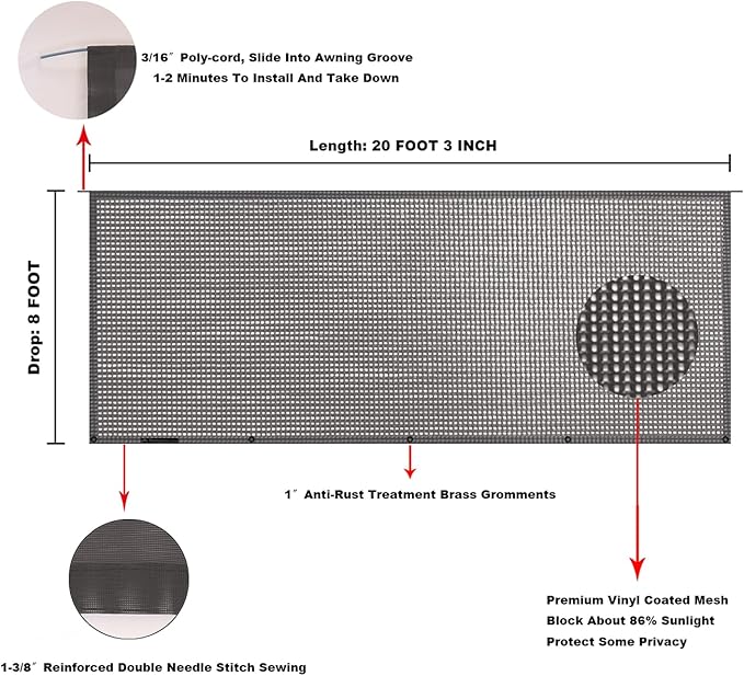 Tentproinc RV Awning Sunshade Screen 8' X 20' 3'' (Fit for 21' Awning) Mesh Sun Shade Screen Block UV Glare Motorhome Camping Trailer Awning Sunscreen Screenshade - 3 Year Warranty (Brown)