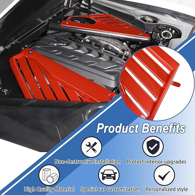 2Pcs Red Engine Bay Panel Cover,Rear Engine Covers Left Right Engine Case Guards Protector Compartment Filler Covers for Corvette C8 Stingray 2020+ for C8 Z06 2023+