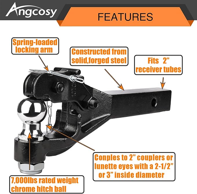 10-Ton Pintle Hook Trailer Hitches Receiver Hook Combination 2” Hitch Ball, 7000 lbs, 15-1/2” Length