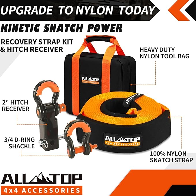 ALL-TOP Nylon Recovery Kit with Hitch Receiver: 3" x 20' (35,000lbs) 100% Nylon Snatch Strap + 2" Shackle Hitch Receiver + 3/4 HD Shackles (2pcs) with Isolator + Storage Bag