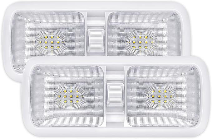 Miady 12V RV Led Interior Lights 750 Lumens, 12 Volt LED Ceiling Double Dome Light with Switch for Car/Trailer/Camper/Boat, Natural White 4000-4500K, 60X2835SMD, Pack of 2