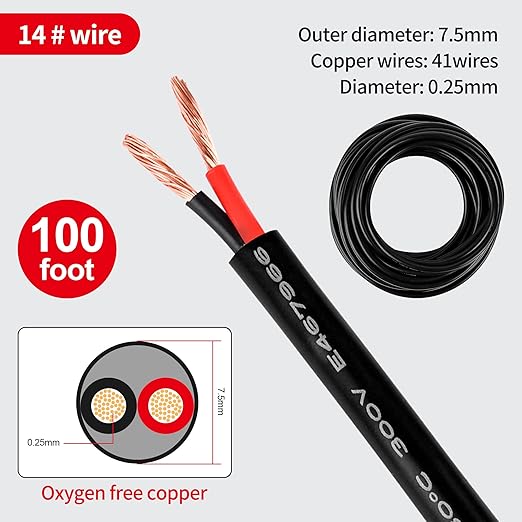 14 Gauge Wire 2 Conductor 14 AWG Electrical Wire Stranded PVC Cord Oxygen-Free Copper Cable 100FT Pure Copper Flexible Cable Wire Cord for LED Lamp Lighting Strips Automotive…