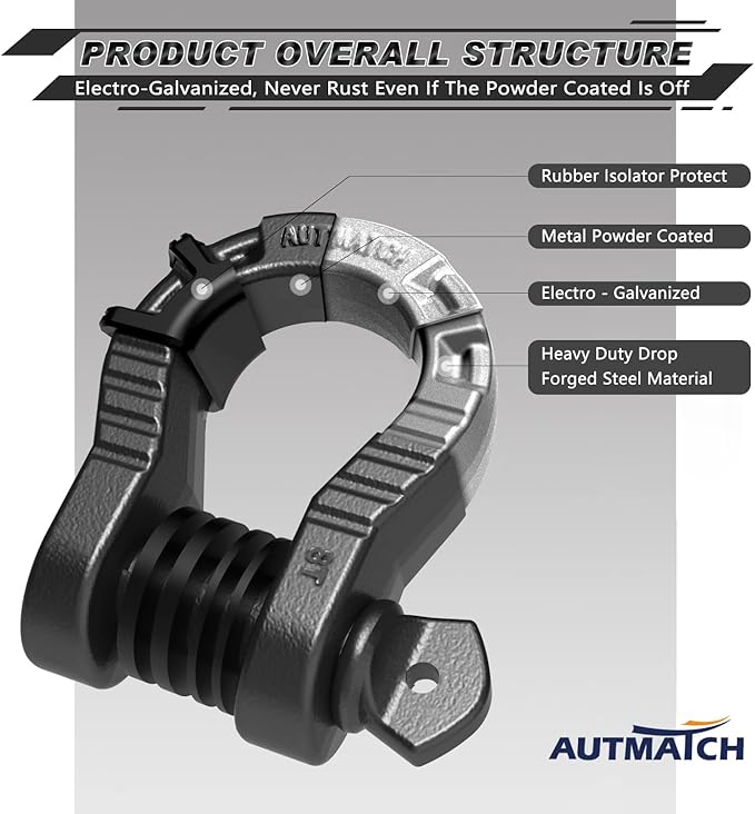 AUTMATCH D Ring Shackles 3/4" Mega Shackle (2 Pack) 68,000Ibs Break Strength - Heavy Duty Clevis Shackles 7/8" Screw Pin & Isolator Washer for Tow Strap Winch Off Road Vehicle Recovery, Gunmetal Gray