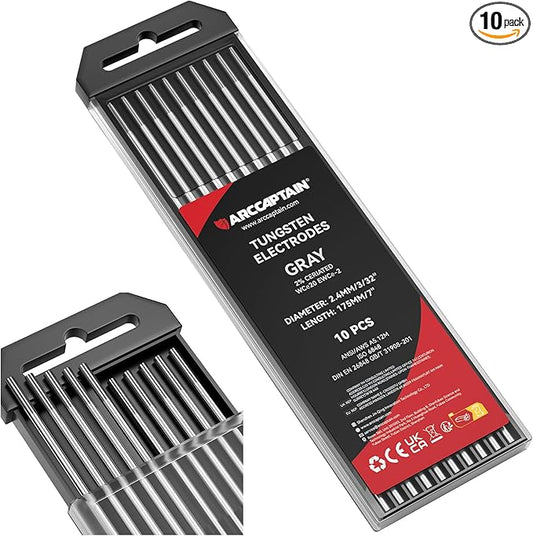ARCCAPTAIN TIG Welding Tungsten Electrode 10-Pack 3/32"x 7"(Grey - 2% Ceriated, WC20/EWCe-2)