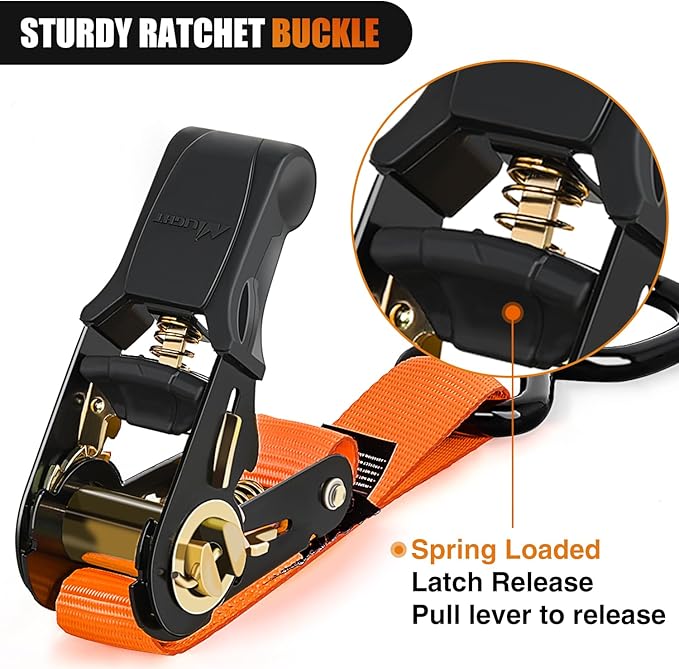 Nilight Ratchet Tie Down Straps 4500Lbs Max Break Strength 1”×15’ Heavy Duty Motorcycle Straps with S Hooks Rubber Handle and 1” ×12’ Soft Loop for UTV Motorcycle Moving Securing Cargo (Orange 4 Pack)
