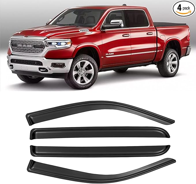 Window Rain Guards for 2019-2025 Dodge Ram 1500 Crew Cab(New Body Style), Tape-on Window Visors Wind Deflectors Shade Vent Sun Visors Rain Shields 2020 2021 2022 2023 2024, 4PCS