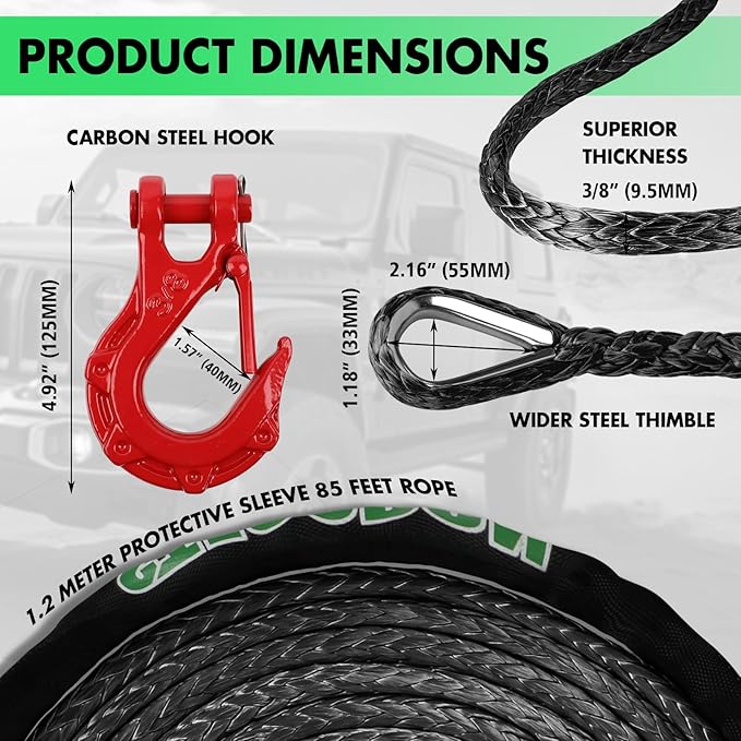 Synthetic Winch Rope, 3/8'' x 85ft 25,000LBS Synthetic Winch Line 3/8 Winch Cable Replacement Synthetic Rope with Forged Winch Hook for 4WD Off Road Vehicle SUV Truck(Black)