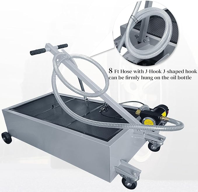 25 Gallon Oil Drain Pan with Electric Pump, Low-Profile Oil Pans for Changing Oil, T-Handle and J-Hook Makes Drain Easier, Gray