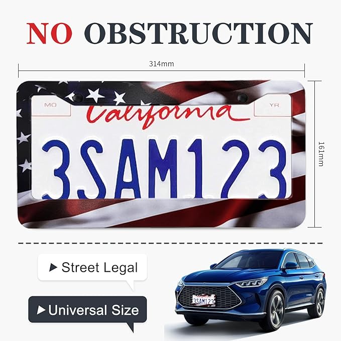 2Pcs American Flag License Plate Frames - KMBCAM Universal Aluminum License Plate, Gloss Patriotic License Plate Cover Hold for Car for Men with Free Screws Caps, Gifts for Friends or Family.