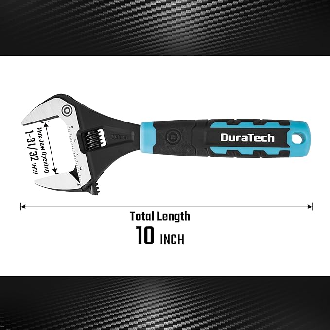 DURATECH 10-Inch Adjustable Wrench, Wide Jaw Opening Plumbing Wrench, CR-V Steel, SAE and Metric Scale Marked, Ergonomic Grip