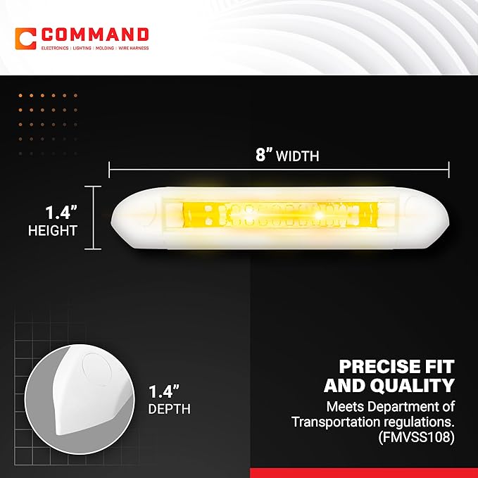 Command Electronics 12V LED Exterior Extruded Porch Light – Surface Mount Utility – IP67 Rating OEM RV, Camper, Bus, Truck, & Trailer – 8"x1.4"x1.4" – White Case/Amber Light 2-Pack