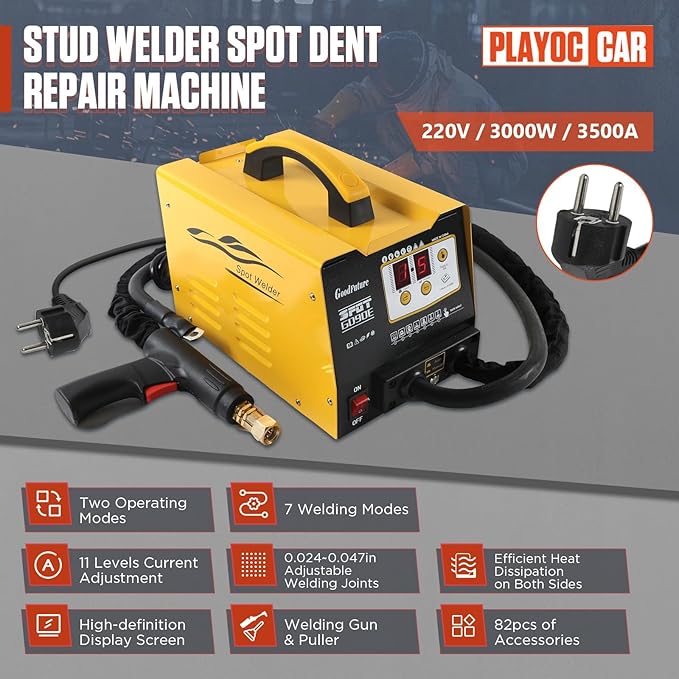 PLAYOCCAR 220V Spot Welder Dent Puller Machine, 3KW 3500A Car Body Stud Dent Repair Kit with 7 Welding Modes, small Joints & 82pcs Accessories