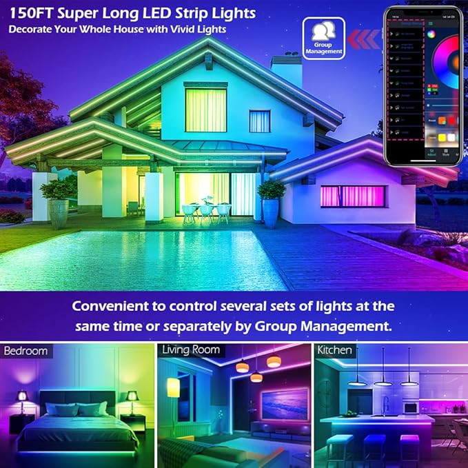 100ft Led Strip Lights,Long Smart Led Light Strips Music Sync 5050 RGB Color Changing Rope Lights,Bluetooth APP/IR Remote/Switch Box Control Led Lights for Bedroom,Home Decoration,Party,Festival