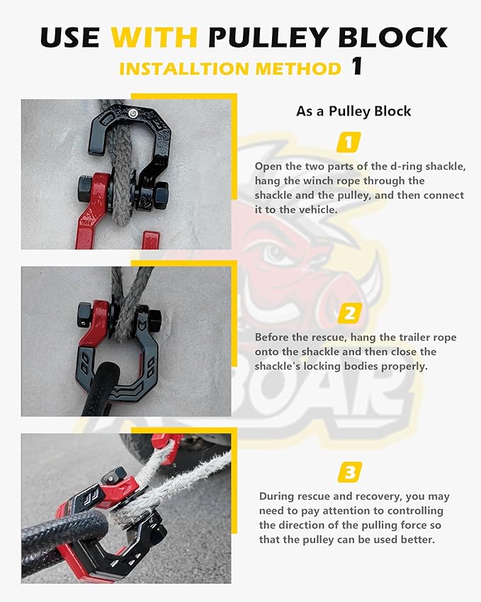 Separate D-Ring Shackle with Pulley Block, Towing Winch Snatch Block & 3/4" Separate D-Ring Shackle 2in1 Set, 57320lbs(26T) Breaking Strength, for Recovery, BlackRed