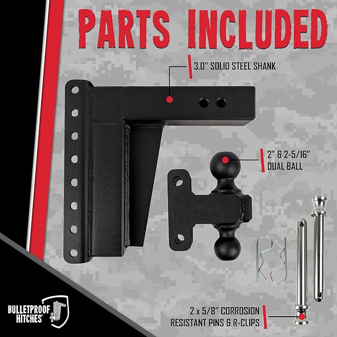 BulletProof Hitches - 3.0" Adjustable Extreme Duty Trailer Hitch (36,000 lb. Rating) - 10" Drop/Rise with 2" and 2 5/16" Dual Ball - Powder Coat, Solid Steel, Corrosion-Resistant
