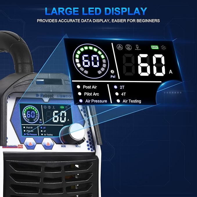 Reboot Pro 60A Plasma Cutter 2025, Pilot Arc Non-Contact Cutting, 120V/240V Dual Voltage,Large Digital Smart Screen, Enhanced for Metal/Mesh/Stainless Steel, 1/2'' Clean Cut 3/4" Max Cut